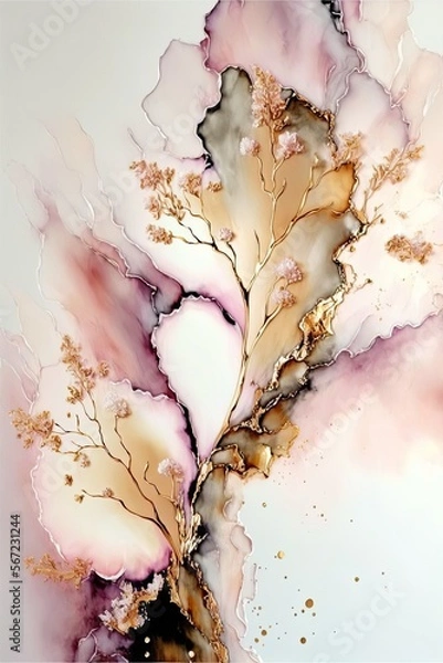 Fototapeta alcohol ink painting, blush, white abstract, pastel tones with golden cracks, AI assisted finalized in Photoshop by me