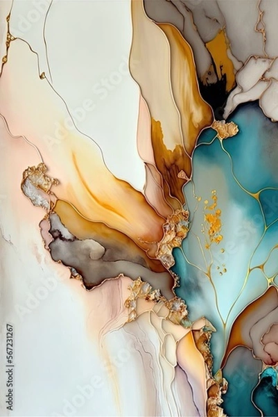 Fototapeta alcohol ink painting, pastel tones with golden cracksAI assisted finalized in Photoshop by me