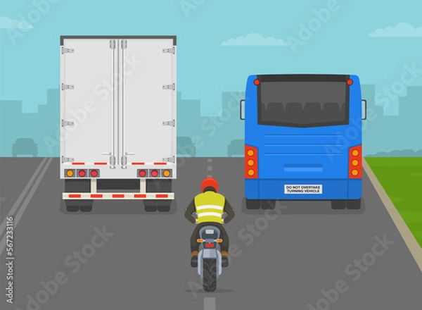 Fototapeta Safe motorcycle riding tips. Moto rider tries to ride between bus and truck on two lane road. Back view. Traffic flow on city road. Flat vector illustration template.