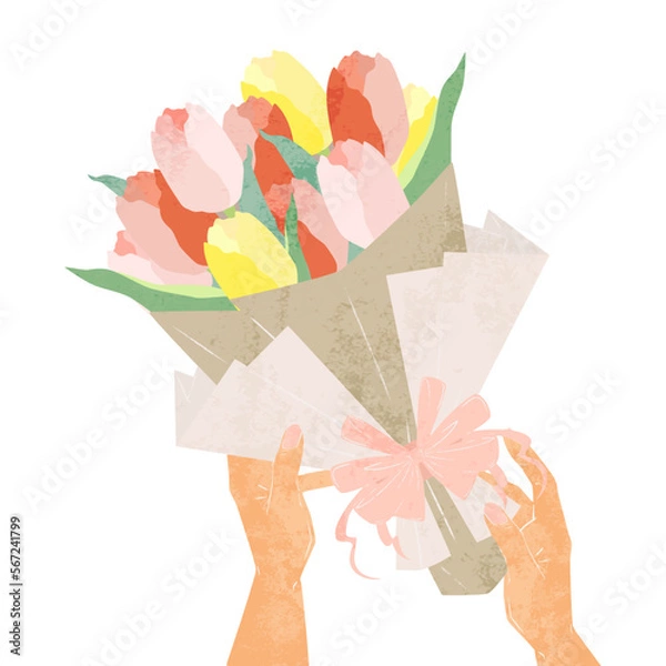 Obraz チューリップの花束を渡す人の手描き水彩風イラスト