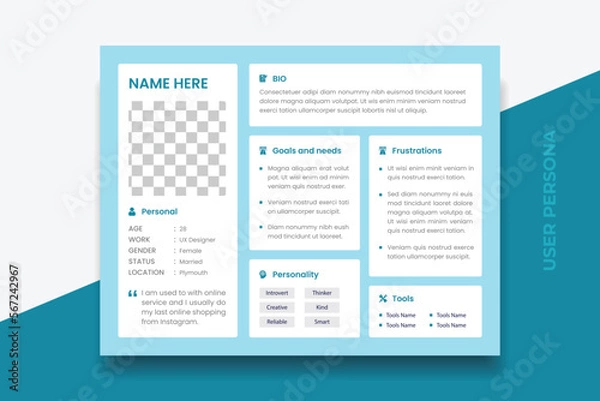 Fototapeta User Persona Document Template Vector Illustration. Examples of User Personas template. Persona Document. Persona Template for UI UX designer. User Persona vector horizontal template with double color