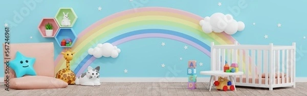 Fototapeta Baby kid room wall decoration, doll and toy, nursery children room, Template Horizontal Banner header for Website, 3D rendering.