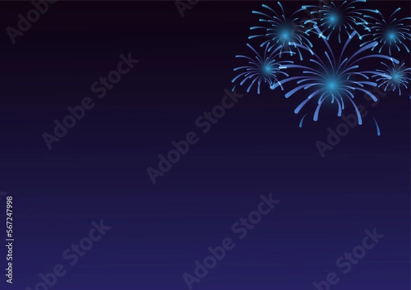 Fototapeta Blue fireworks with holiday celebration symbols on the right of the blue and black color background, empty space for display logo and content, creative design vector illustration.