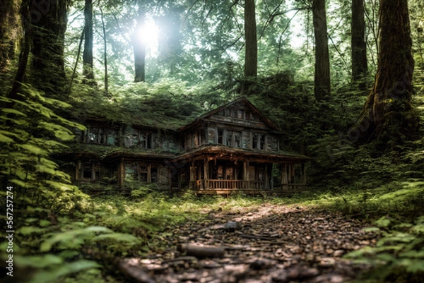 Obraz Nature is taking back from us the last remnants of a human settlement in the forests. With plants and trees overgrown ruins in the woods. Generative AI