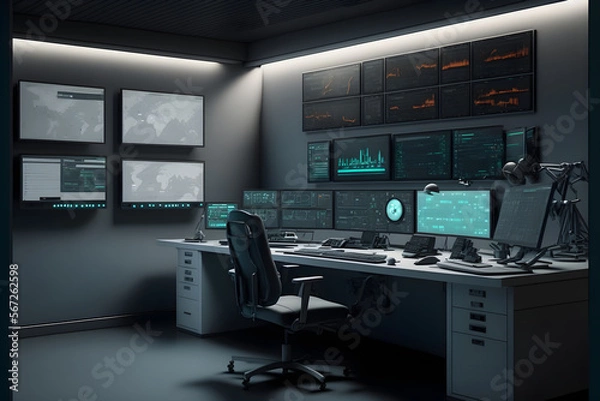 Fototapeta Stock Traders Control Room, Stock Market Technology, Stock Exchange Trading Screens, Modern Design Traders Workstation, generative ai