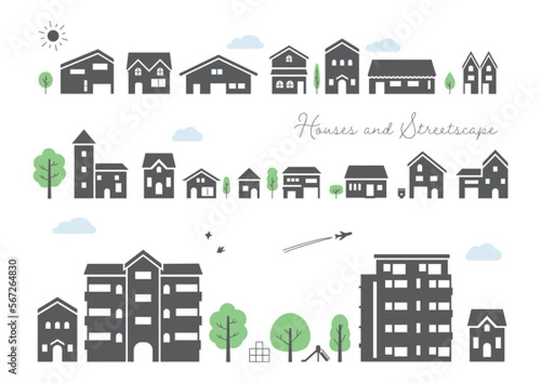 Obraz シンプルな家と住宅地の街並みのシルエット、ベクターイラスト