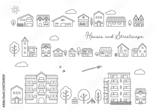 Obraz シンプルな黒い線の家と住宅地の街並みベクターイラスト