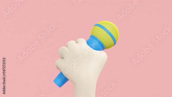 Fototapeta 3D illusrtation of cute left hand holds microphone isolated on pink background with cartoon style. Clipping path.