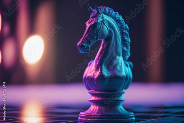 Fototapeta Vaporwave chess piece knight with neon light on dark background, Art objects for the exhibition of classical and contemporary illustration, generative ai