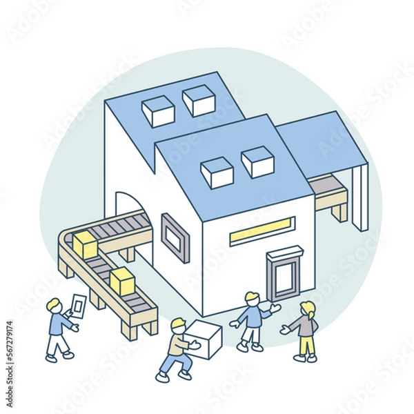 Obraz 工場ラインと生活。作業する人々。