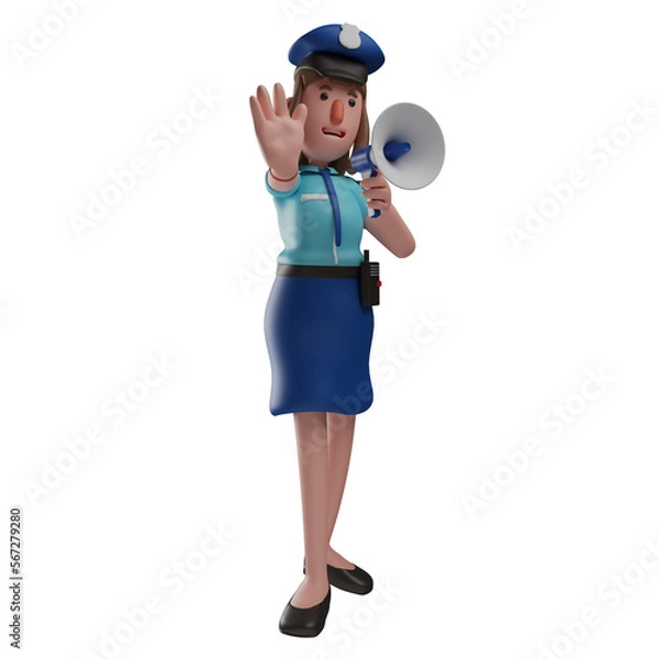 Fototapeta    3D illustration. 3D Cartoon Illustration of Friendly Police Woman character holding a megaphone. showing palms forward. has an angry expression. 3D Cartoon Character