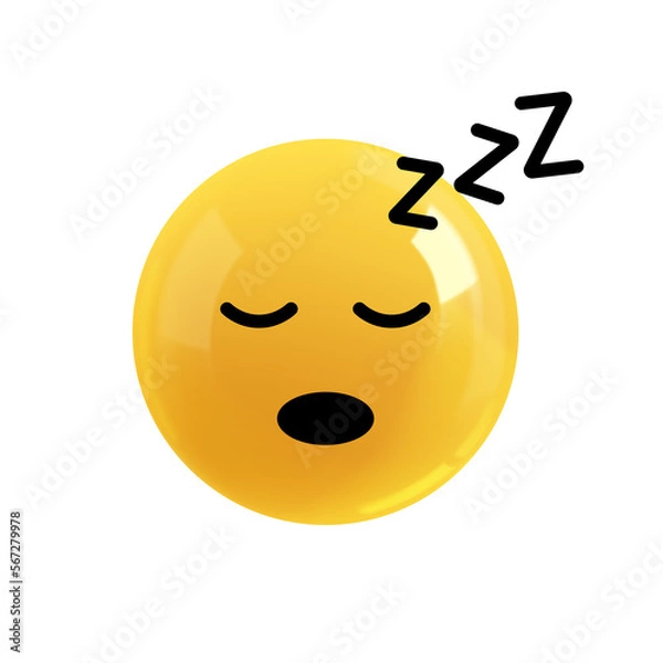 Fototapeta Emoji face dormant. Realistic 3d design. Emoticon yellow glossy color. Icon in plastic cartoon style isolated on white background. 