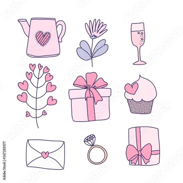 Obraz Collection of big isolated hand drawn love elements set in Valentine concept, flat Vector illustration for Valentine's day invitation cards and page decoration