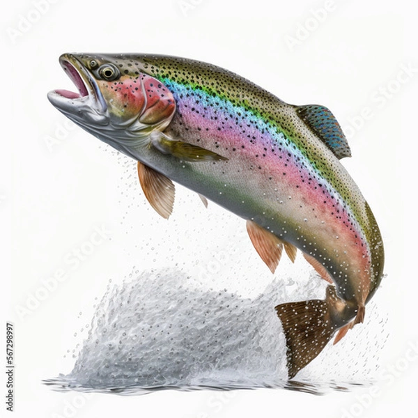 Fototapeta leaping rainbow trout, white background, generated by IA