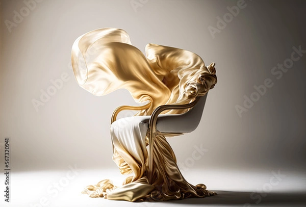 Fototapeta ゴールドの椅子とゴールドのシルク生地, Generative AI