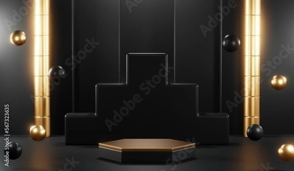 Fototapeta 3d render of abstract realistic studio room with Luxury round pedestal stand podium with golden glitter in shape backdrop. Luxury black friday sale scene for product display presentation background