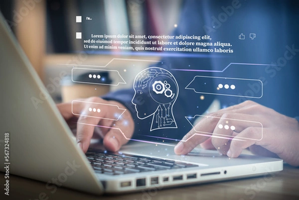 Fototapeta Young businessman chatting with smart AI or artificial intelligence using Chatbot, artificial intelligence developed to be intelligent and interactive like a human.