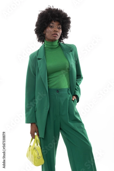 Obraz Fashionable brunette with green suit and handbag on isolated white background.