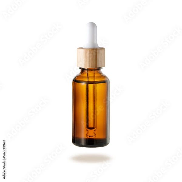 Fototapeta Glass dropper bottle with cap of bamboo wood for face serum or essential oil or pharmaceutical tincture.