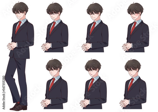 Obraz スーツを着たかっこいい男性の立ち絵、表情セット
