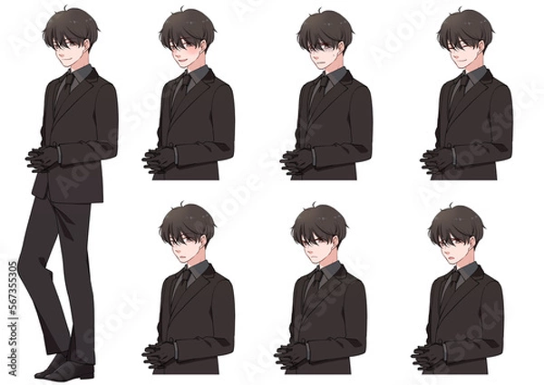 Fototapeta 黒いスーツを着たかっこいい男性の立ち絵、表情セット

