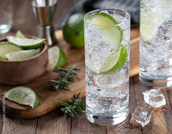 Fototapeta Gin and tonic cocktail with lime and ice