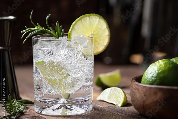 Fototapeta Gin and tonic cocktail with lime. rosemary and ice