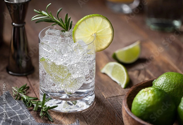 Fototapeta Gin and tonic cocktail with lime. rosemary and ice