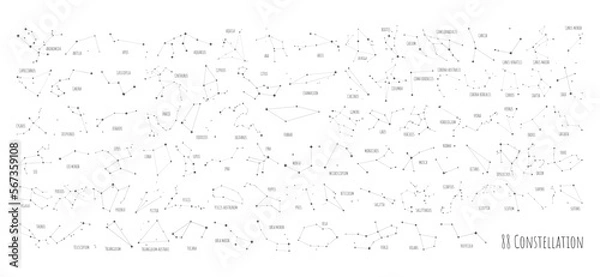 Fototapeta Big set of all 88 famous constellations, modern astronomical signs of the zodiac. Sky Map with the name of the stars and constellations scheme collection. Isolated on white background