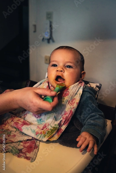 Fototapeta Baby mit großem bunten Lätzchen und verschmiertem Gesicht in einem Kindersitz wird gefüttert