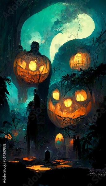 Fototapeta Mayan style halloween theme pumpkins ghosts in the dark night illustration Generative AI Content by Midjourney