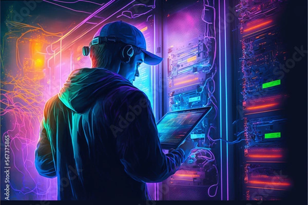 Fototapeta A male technician is diligently running maintenance on a data center, ensuring that all systems and hardware are working properly and securely, ensure that the data center runs smoothly. generative ai