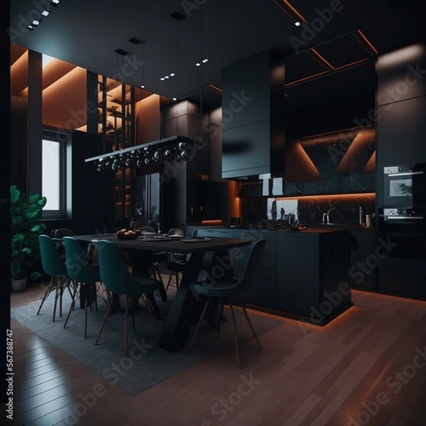 Fototapeta Modern contemporary luxury interior design, a combination of dark wall color and furniture . 3d rendering of the dining room, generative AI