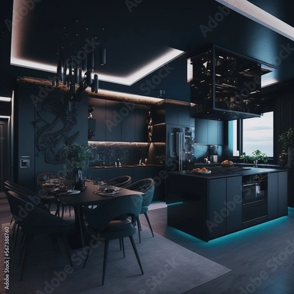 Fototapeta Modern contemporary luxury interior design, a combination of dark wall color and furniture . 3d rendering of the dining room, generative AI
