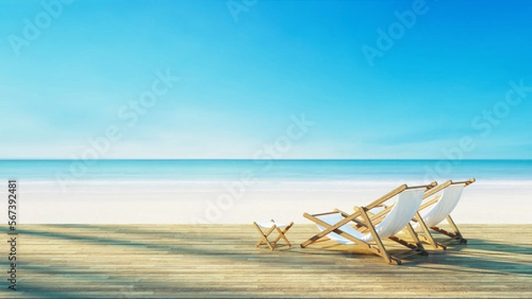 Obraz Beach lounge chair on white beach sunset sea view - 

3D rendering 