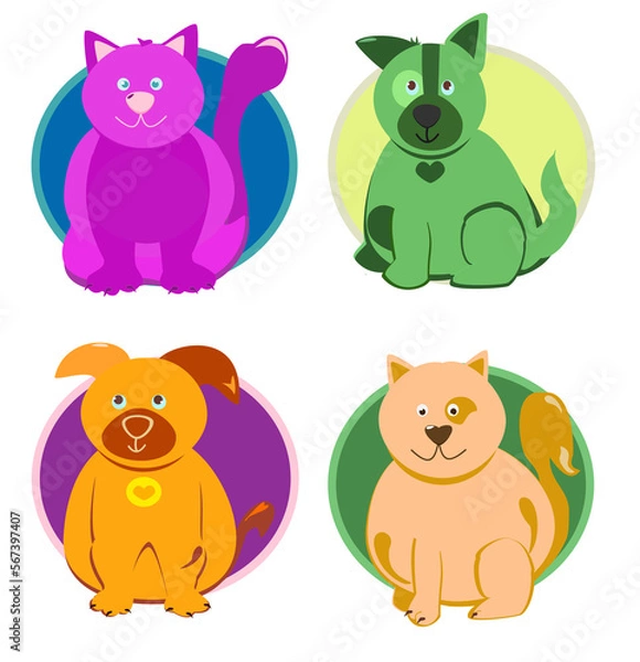 Obraz Cute and friendly cat and dogs in a vector, flat cartoon style.