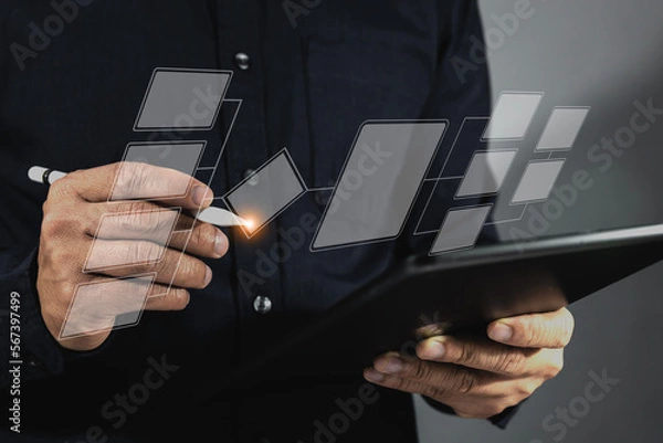 Fototapeta Online Assessment, Automate Business Processes and Workflows with Flowcharts Businessman working with laptop on table online questionnaire concept Choose the correct answer in the exam.