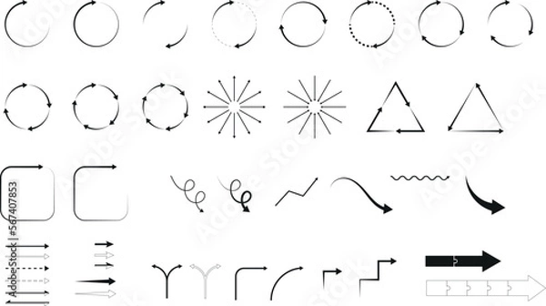 Fototapeta Vector set with different types of arrows: circled, straight, curved, in directions.