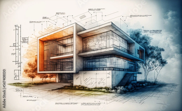 Fototapeta building project plan blueprint of a modern house. Designed using generative ai