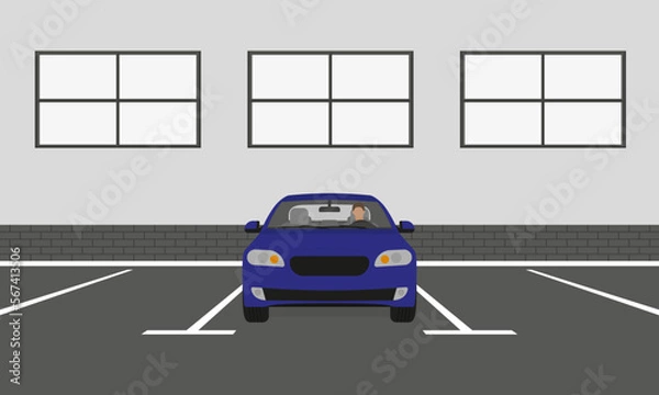 Obraz Car with driver in the parking lot near the wall with windows