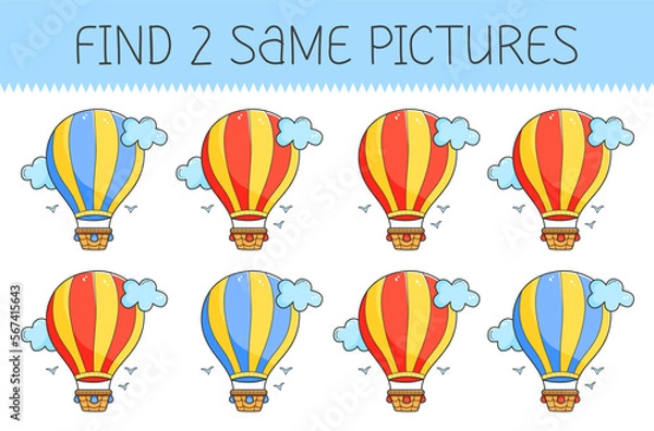 Fototapeta Find two same pictures is an educational game for kids with airship. Cute cartoon airship. Vector illustration.