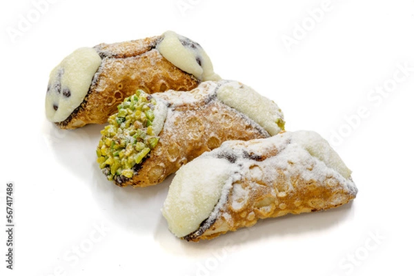 Fototapeta three cannoli, Sicilian of different type on white background with shadow
