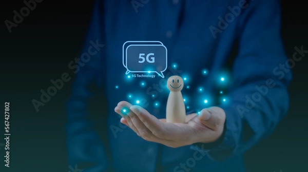 Fototapeta 5g communication connection business technology, futuristic telecommunication wireless network concept. Digital system, smart information networking, iot service, Social sign icon, cellular signal.