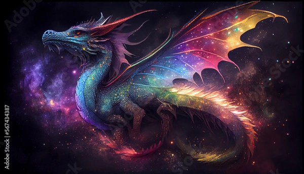 Obraz Colored dragon flew in galaxy, generative ai