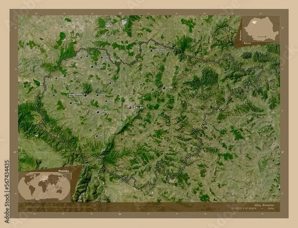 Fototapeta Salaj, Romania. Low-res satellite. Labelled points of cities