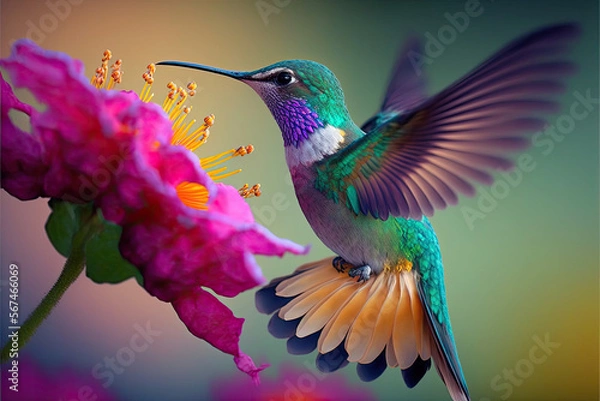 Fototapeta Hummingbird flying next to beautiful flower