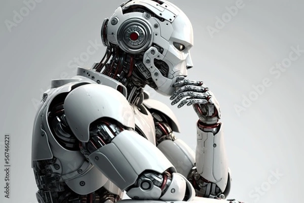 Fototapeta Thinking robot,white humanoid robot Thinking ,isolated white background, Generative ai
