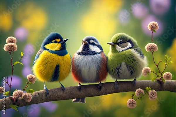 Fototapeta Funny little birds sit on a branch in a spring