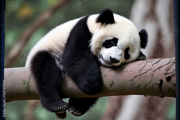 Fototapeta Lazy Panda Bear Sleeping on a Tree Branch