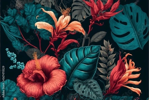 Fototapeta seamless pattern with compositions of hand drawn tropical flowers Generative AI